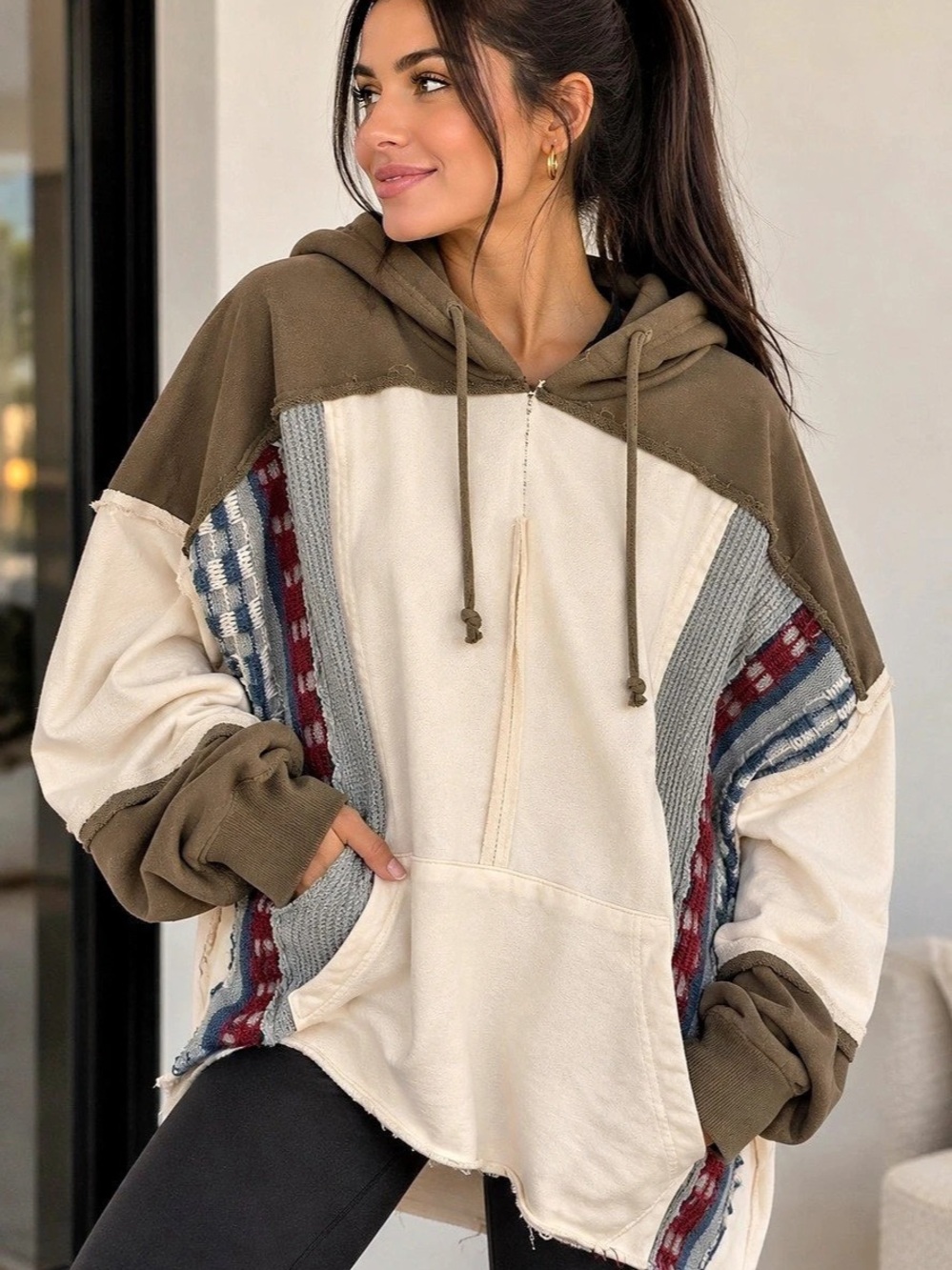 BKE Color Block Hoodie in Brown & Cream Size Medium